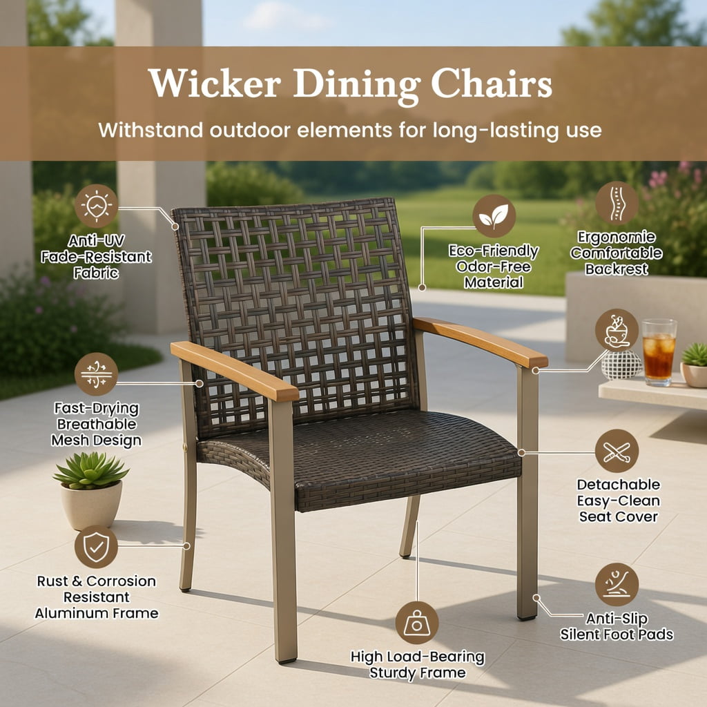 Hommoo Set of 4 Outdoor Rattan Dining Chairs with Acacia Wood Armrests, Weather-Resistant PE Wicker & Powder-Coated Metal Frame for Patio, Backyard, Poolside & Balcony, Brown