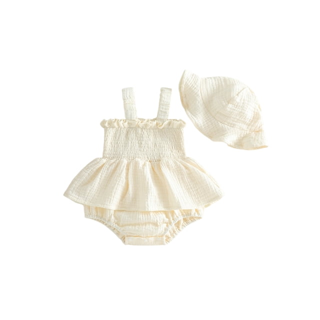 Ensemble 2 Pcs pour Bébé Fille, Barboteuse Sans Manches, Robe et Chapeau