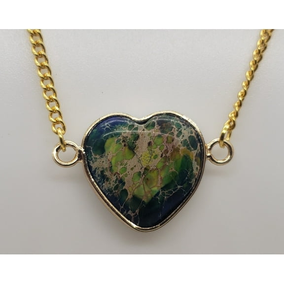 Heart Blue & Green Sea Sediment Jasper Gold Necklace