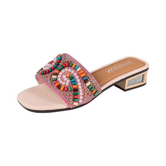 pwidon Women's Block Heel Slide Sandals Square Open Toe Slip On Boho Multicolor Bead Rhinestone Decor Casual Dress Mules Pink 5.5