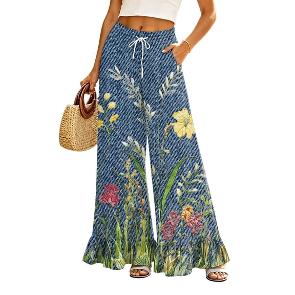 Sewkxo Wide Leg Pants Women 2026 Summer Floral Print Boho Palazzo Pants High Waist Lounge Trousers with Pockets,Gold 2XL