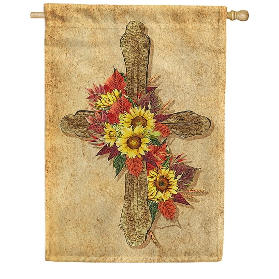America Forever Fall Cross House Flag 28 x 40 inch Sunflower Wreath Double Sided Religious Cross Fall for Jesus Autumn Thanksgiving Holiday Farmhouse Seasonal Yard Outdoor Decoration