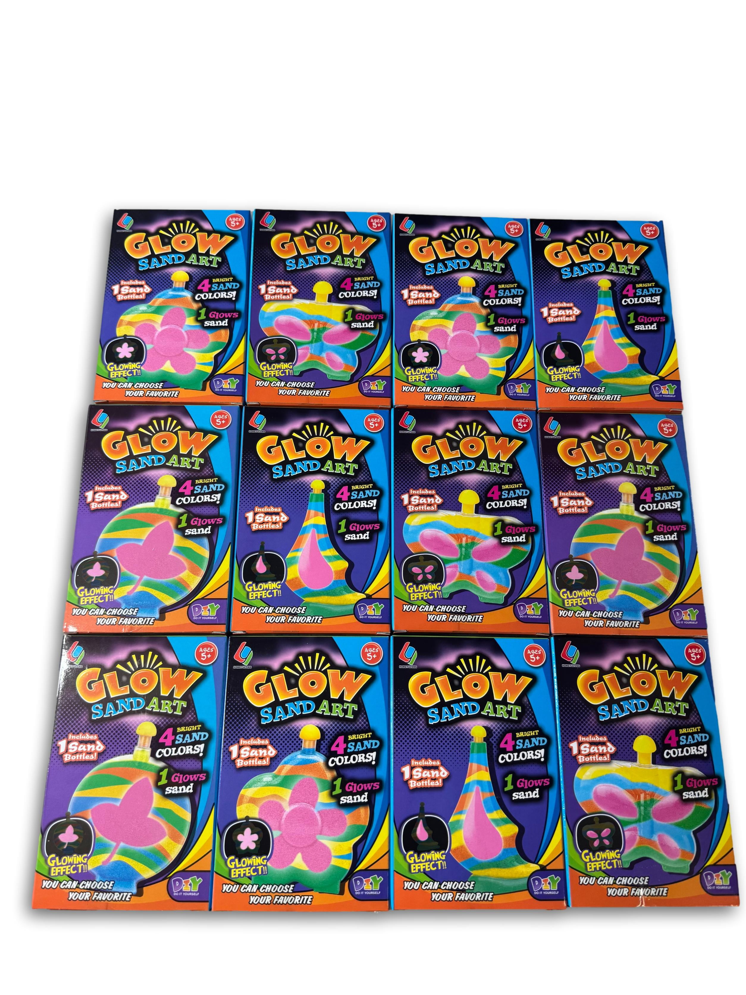 Glow Sand Art Kit for Kids, 12 Pack with 60 Bags of Sand, DIY Craft Activity Set with Bottles and Tools