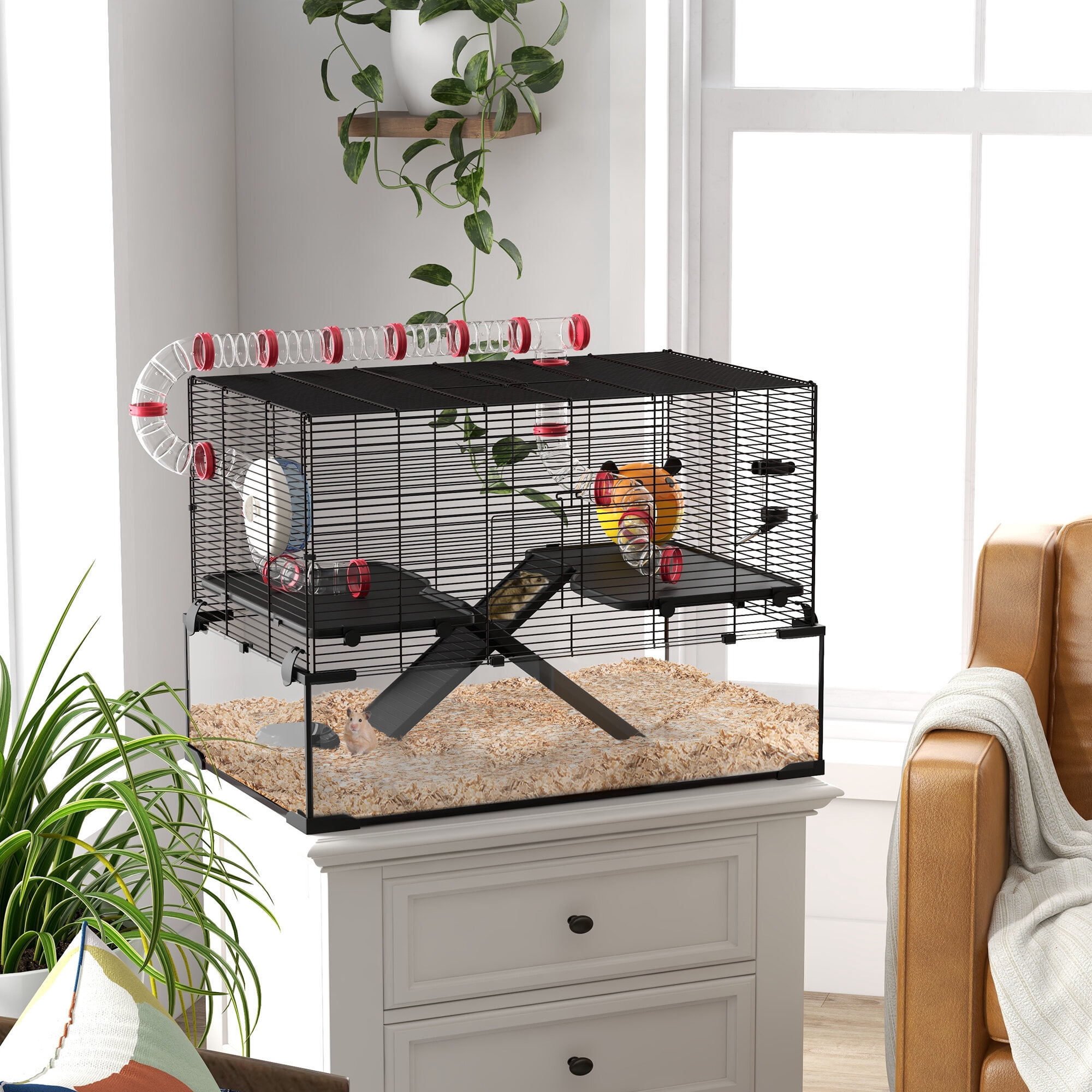 Dog Crate, PawHut 31" Extra Large Hamster Cage with Tube Tunnel, Small Animal Cage for Dwarf Hamster, Rat, Gerbil Cage with Deep Glass Bottom, Water Bottle, Food Dish, Exercise Wheel, Ramps
