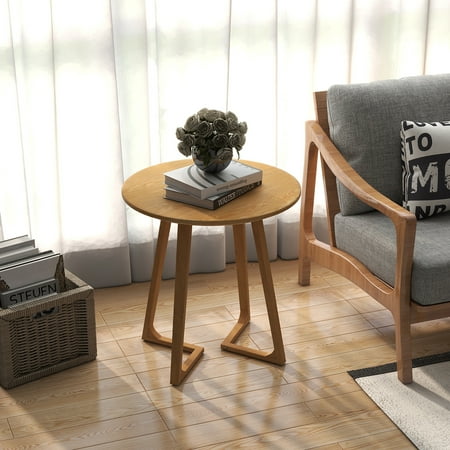 Costway 24'' Round Side Table Solid Rubber Wood End Table Beside Sofa&Bed for Small Space - Natural