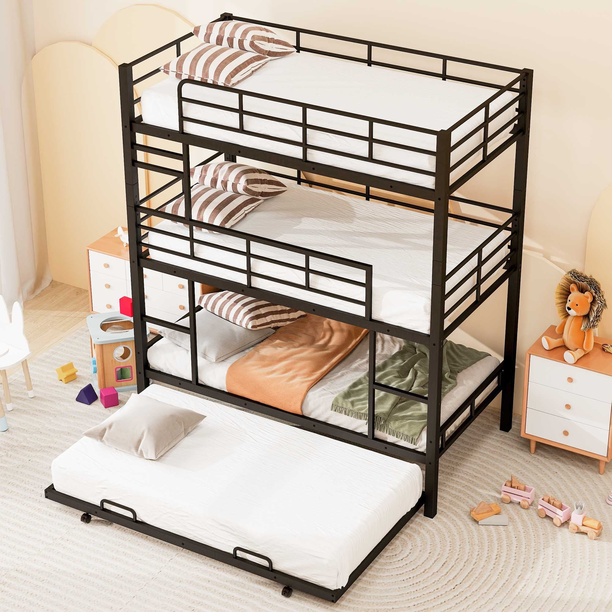 Euroco Metal Twin Triple Bunk Bed with Trundle, Convertible 4 Beds in One Bunk for Kids Teens, Black