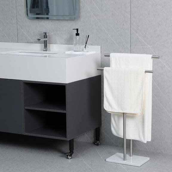 Free Standing Towel Rack for Bathroom - Brushed Nickel Finish - Stand Alone 2 Tier Stainless Steel Towel Rack for Bathroom Floor with Heavy Marble Base, Double T Shape Drying Stand for Towels