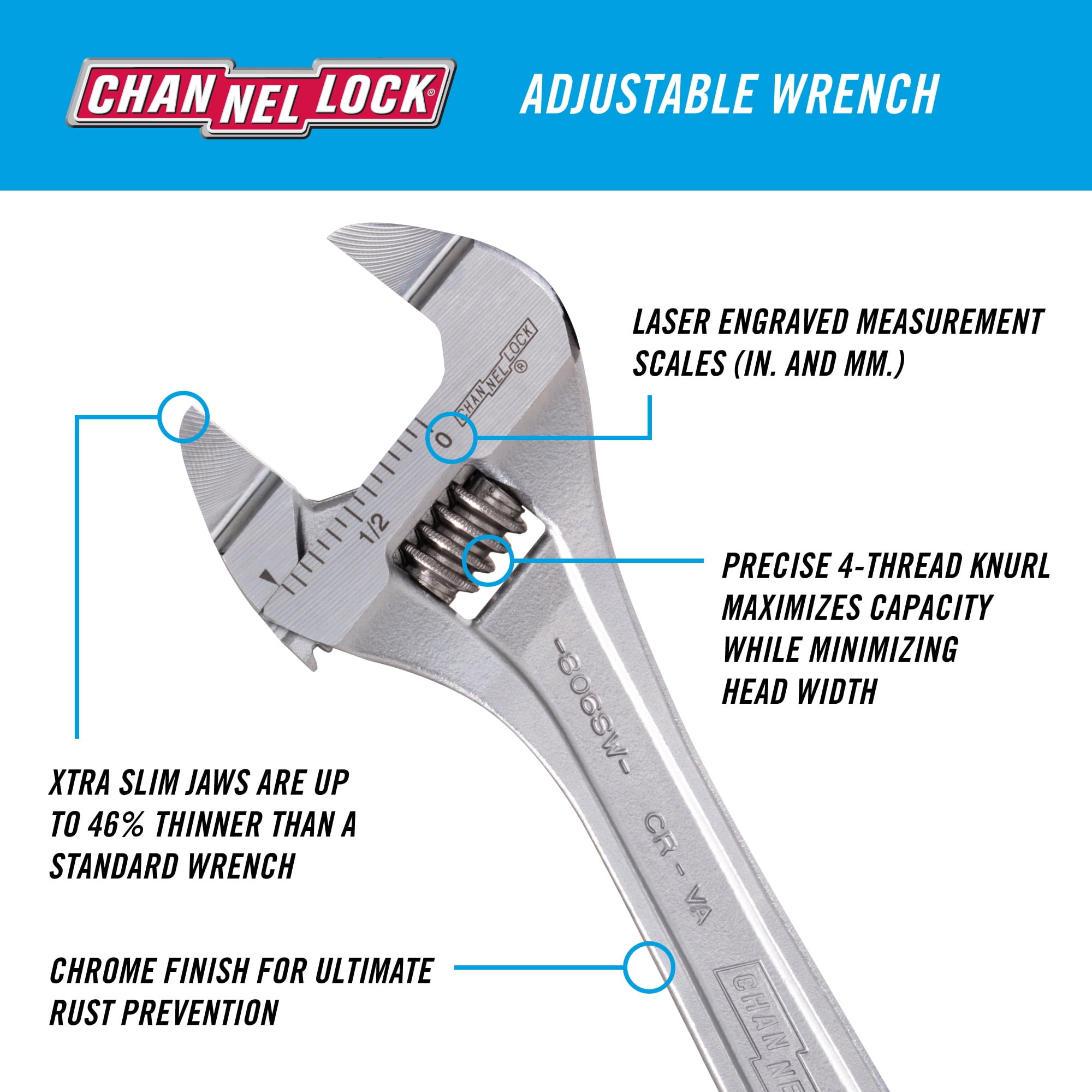 CHANNELLOCK 6-inch Adjustable Wrench, Precise .94-inch Extra Slim Jaw Capacity (806SW)