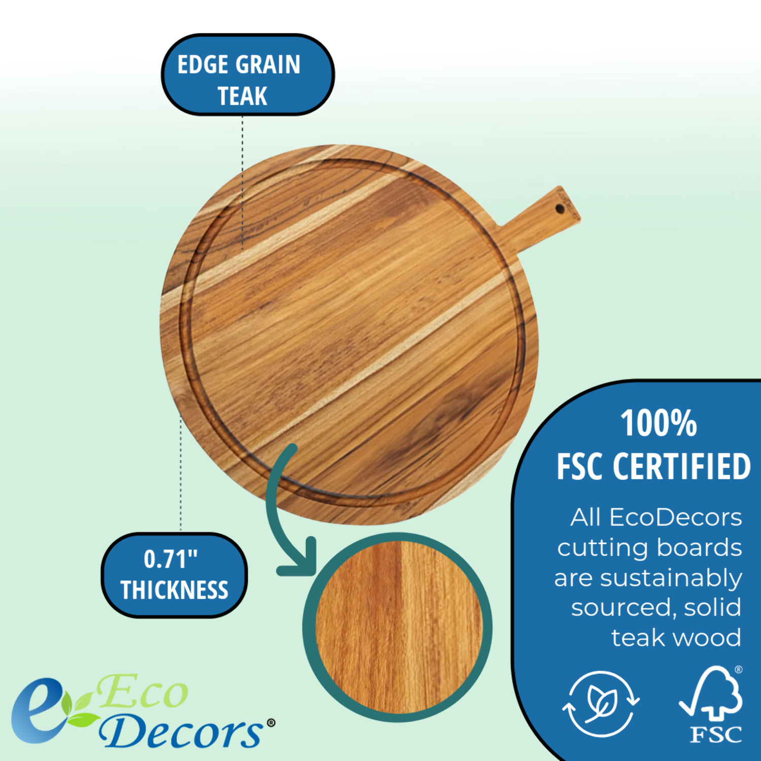 EcoDecors 18" x 14" Round FSC Teak Cutting Board with Handle  Juice Groove
