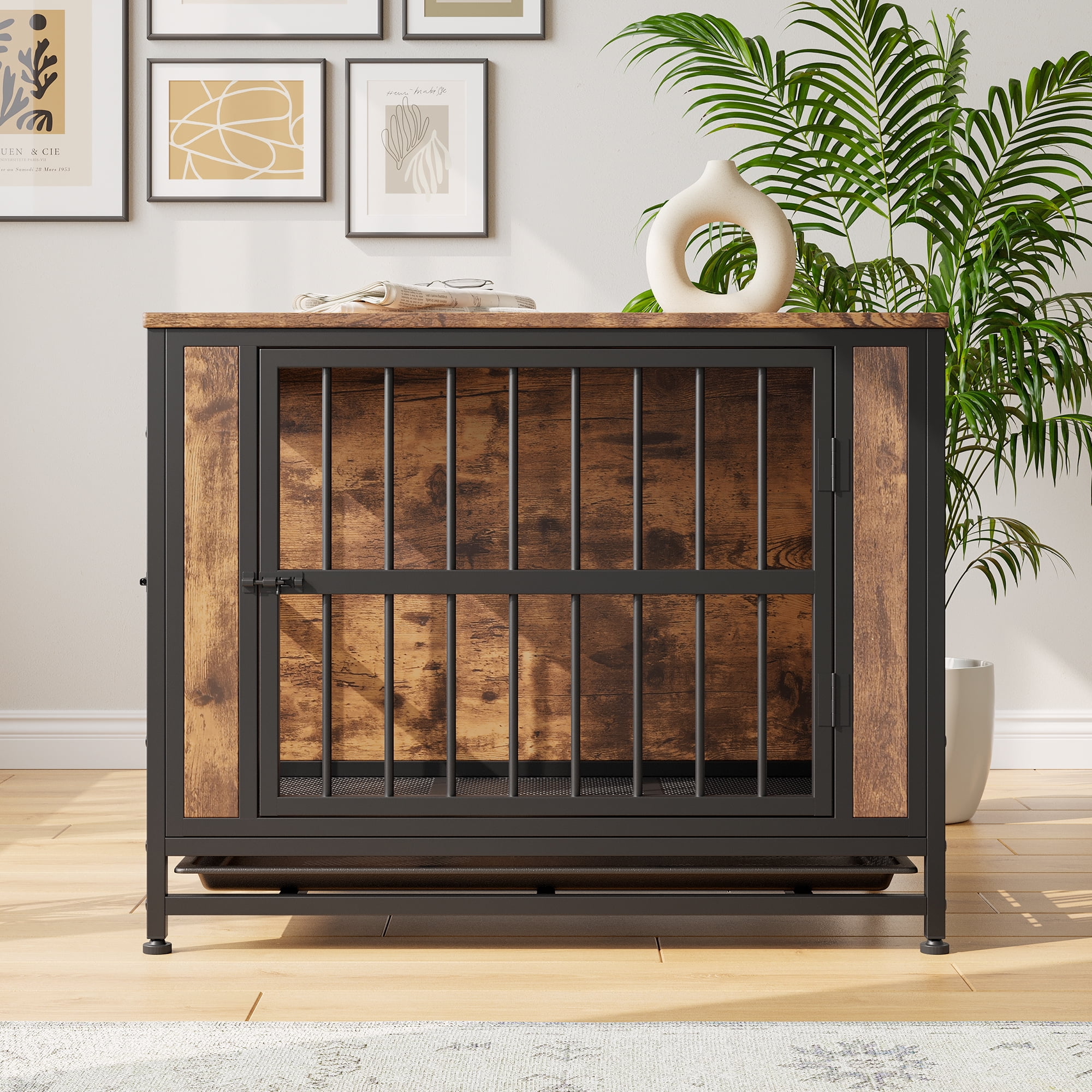 ZephyPaws Heavy Duty Dog Crate Furniture with Double Door,Wood Indoor Dog Crate Kennel for Small/Medium with Pull-Out Tray,End Side Table,TV Stand,Black
