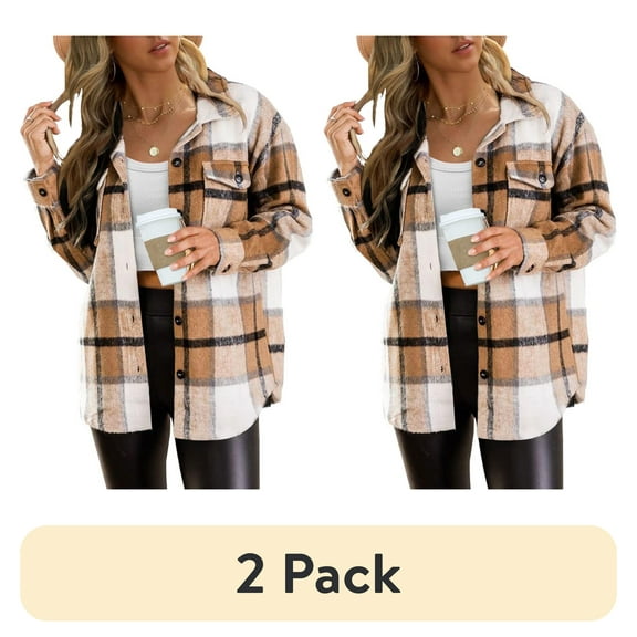(2 pack) SUNBS Plaid Flannel Shackets for Women Long Sleeve Button Down Shirts Fall Coats Fashion Jackets