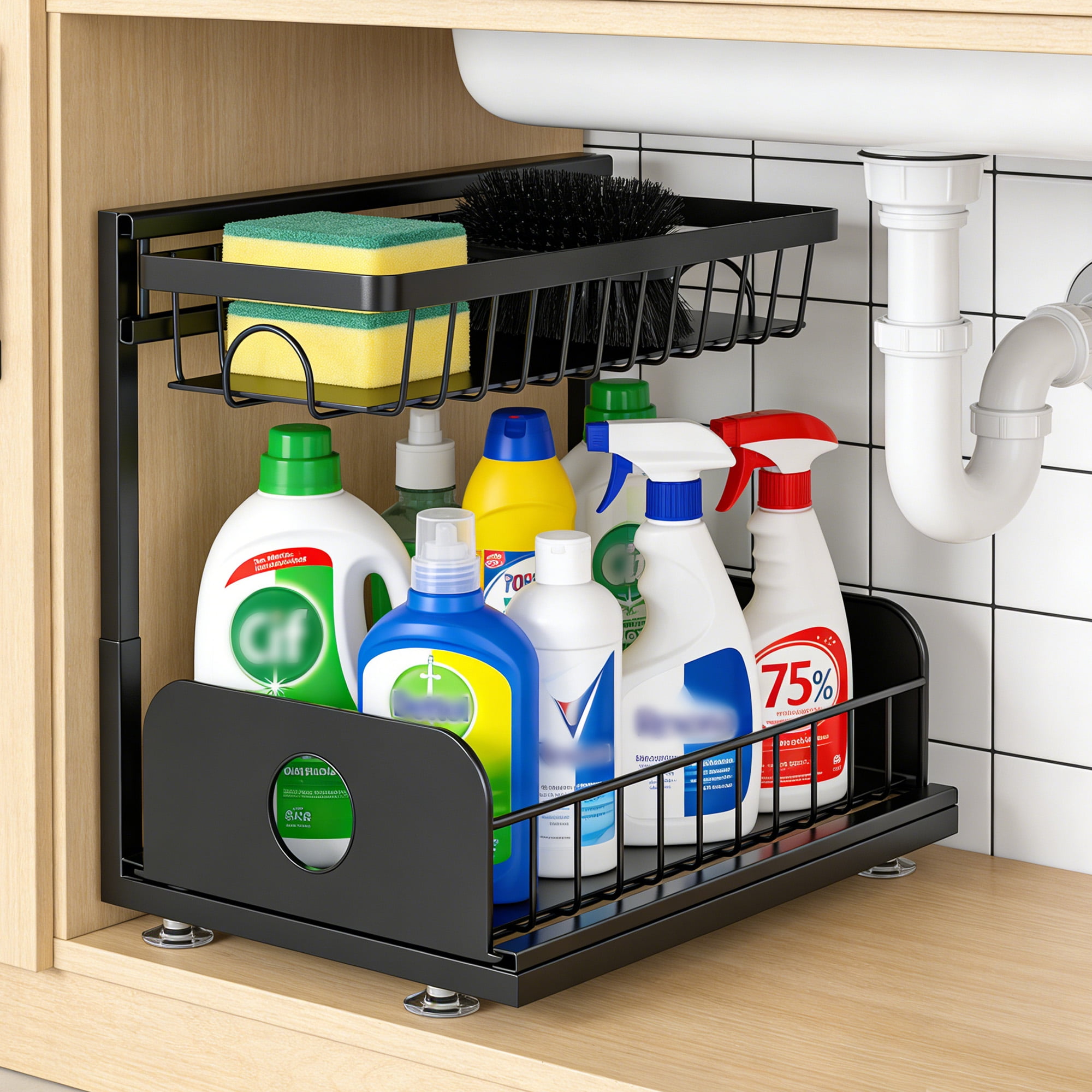 2 Pack Under Sink Organizer, 2 Tier Metal Pull Out Under Sink Storage, Cabinet Storage Organizer, Slide Out Under Sink Organizer for Kitchen Bathroom Cabinet
