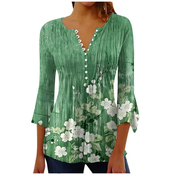 MaFYtyTPR 3/4 Sleeve Tops for Women Fashion Female V-Neck Printing Button Loose Comfy Three-Quarter Sleeves Bloues