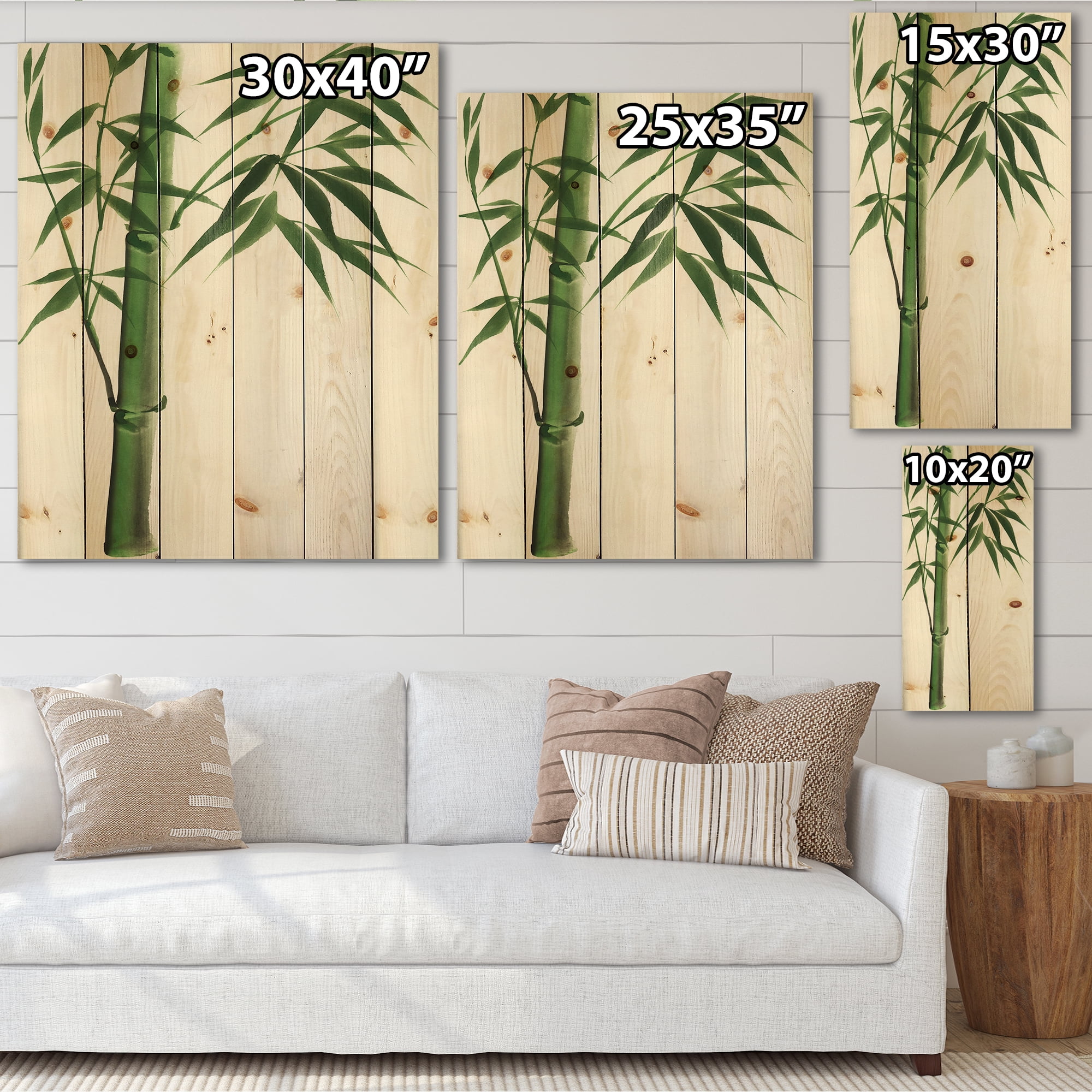 Designart 'Detail Of Dark Green Bamboo On White III' Traditional Print on Natural Pine Wood