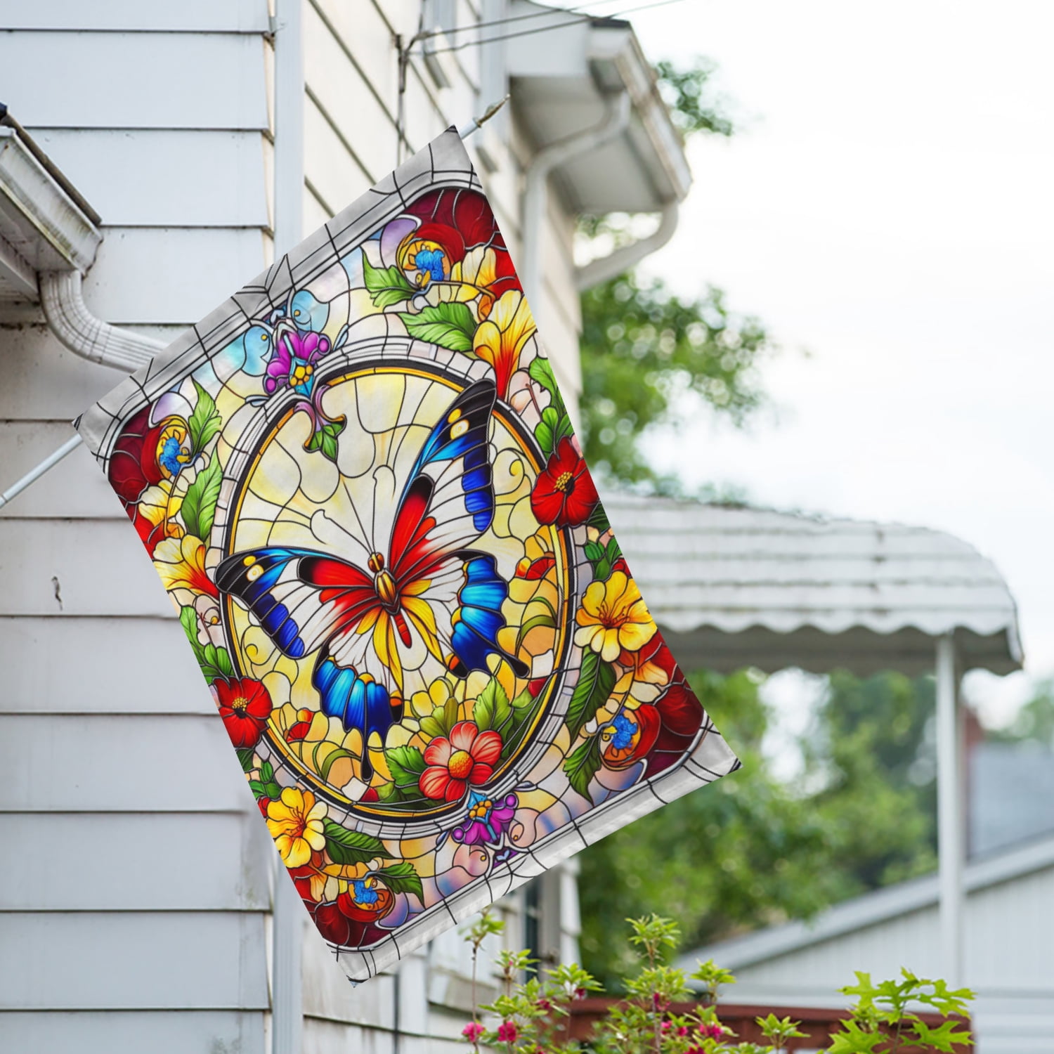 America Forever Stained Glass Butterfly House Flag, 28 x 40 inch Double Sided, Spring Summer Floral Decorative Seasonal Outdoor Decor, Holiday Outside Decorations Yard Flag