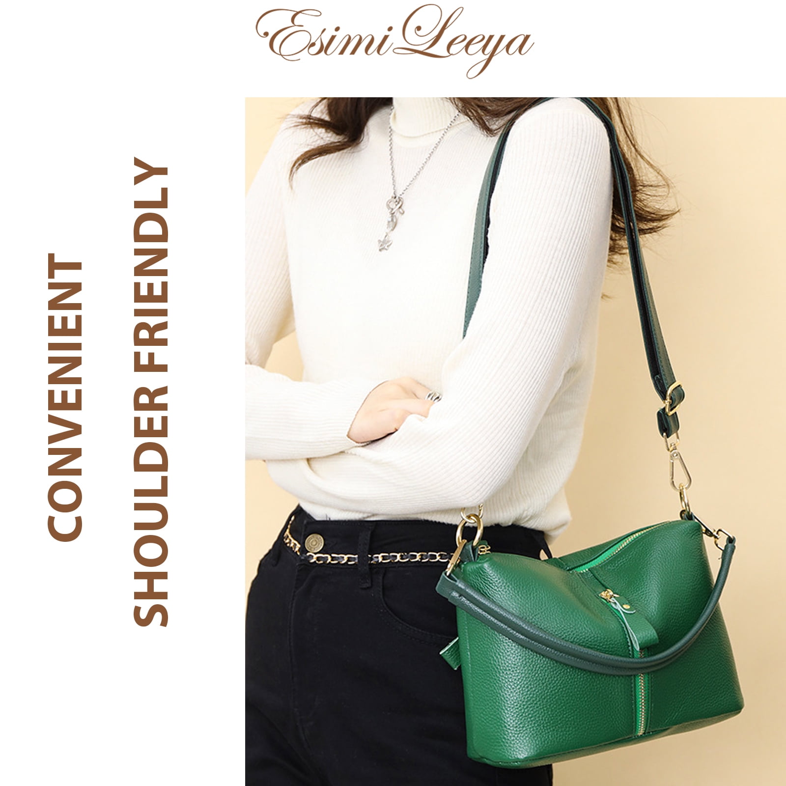 Green Leather Crossbody Purses for Women Secure Zipper Shoulder Bag Ideal for Travel, Commute, Shopping