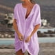 thumbnail image 2 of Vestido camisero de manga corta con cuello en V para mujer: elegante vestido holgado de color liso para todas las estaciones (S-XXXXXL), 2 of 5