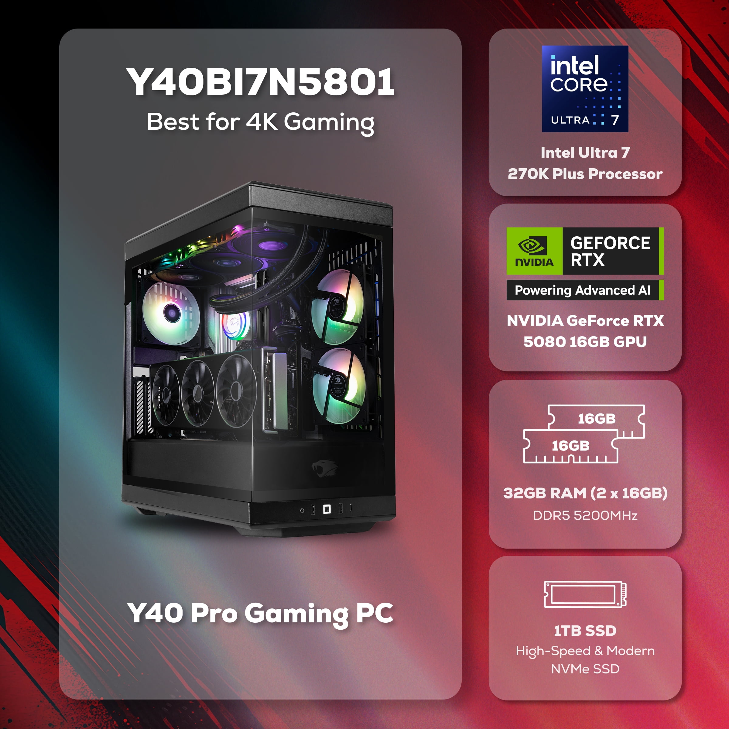 iBUYPOWER Y40 Gaming PC Desktop Computer Intel Core Ultra 7 270K Plus CPU, NVIDIA GeForce RTX 5080 16GB GPU, 32GB DDR5 5200MHz RAM, 1TB NVMe SSD, Windows 11 Home,Gamer Keyboard and Mouse-Y40BI7N5801