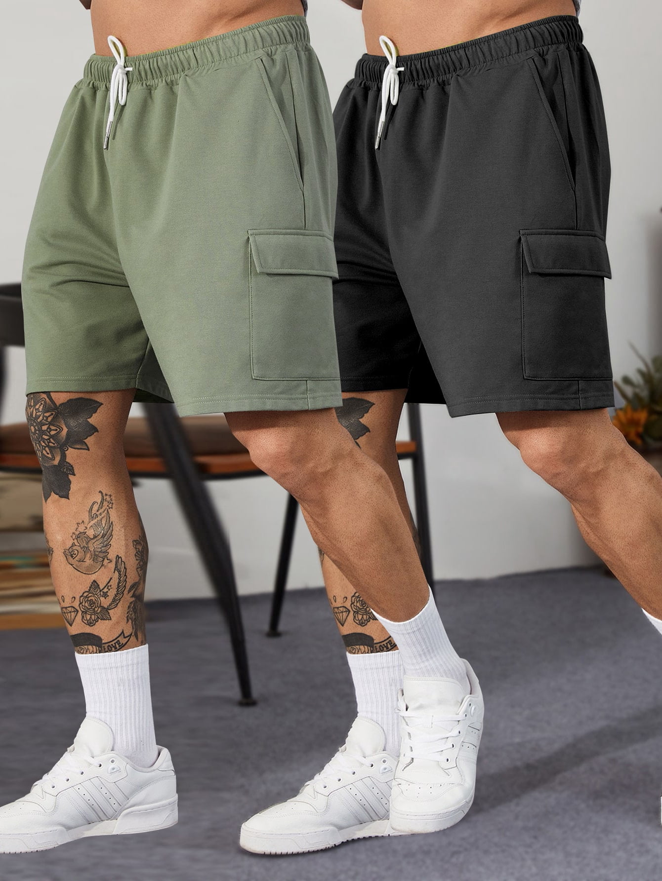 Men 2pcs Flap Pocket Side Drawstring 