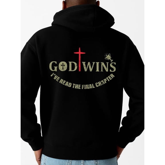 God Wins funny hoodies Christianity mens long sleeve black Casual Classic Design Pullover Hooded Sweatshirt Streetwear For Winter Fall, As Gift pullovers dames christianity pamuk