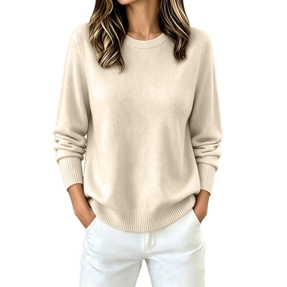 Vynhevius Women Crew Neck Sweater Solid Knit Long Sleeve Loose Fit Basic Casual Pullover Top