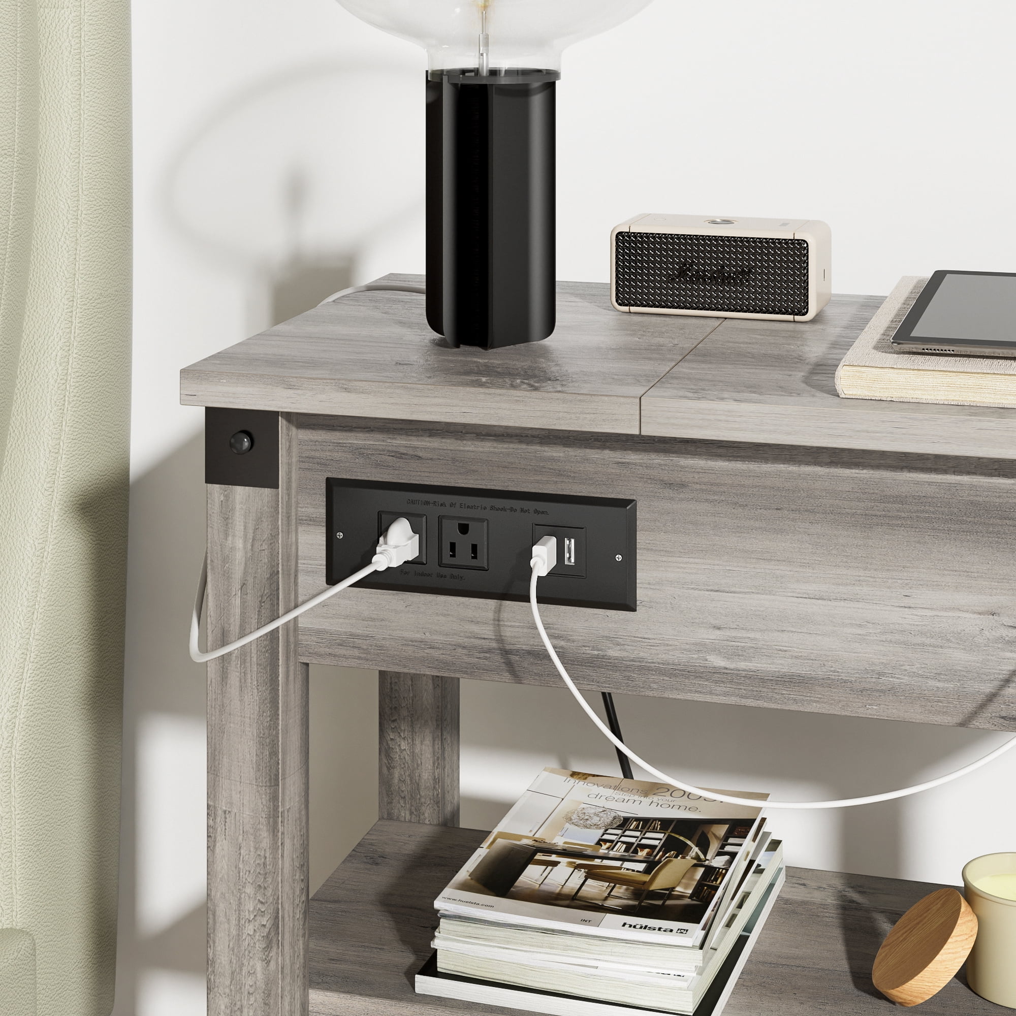 WhizMax End Table with Charging Station, 3-Tier Narrow Side Table with Drawer and Storage End Table Wood Farmhouse Bed Side Table/Night Stand for Living Room Bedroom Office (Rustic Grey)