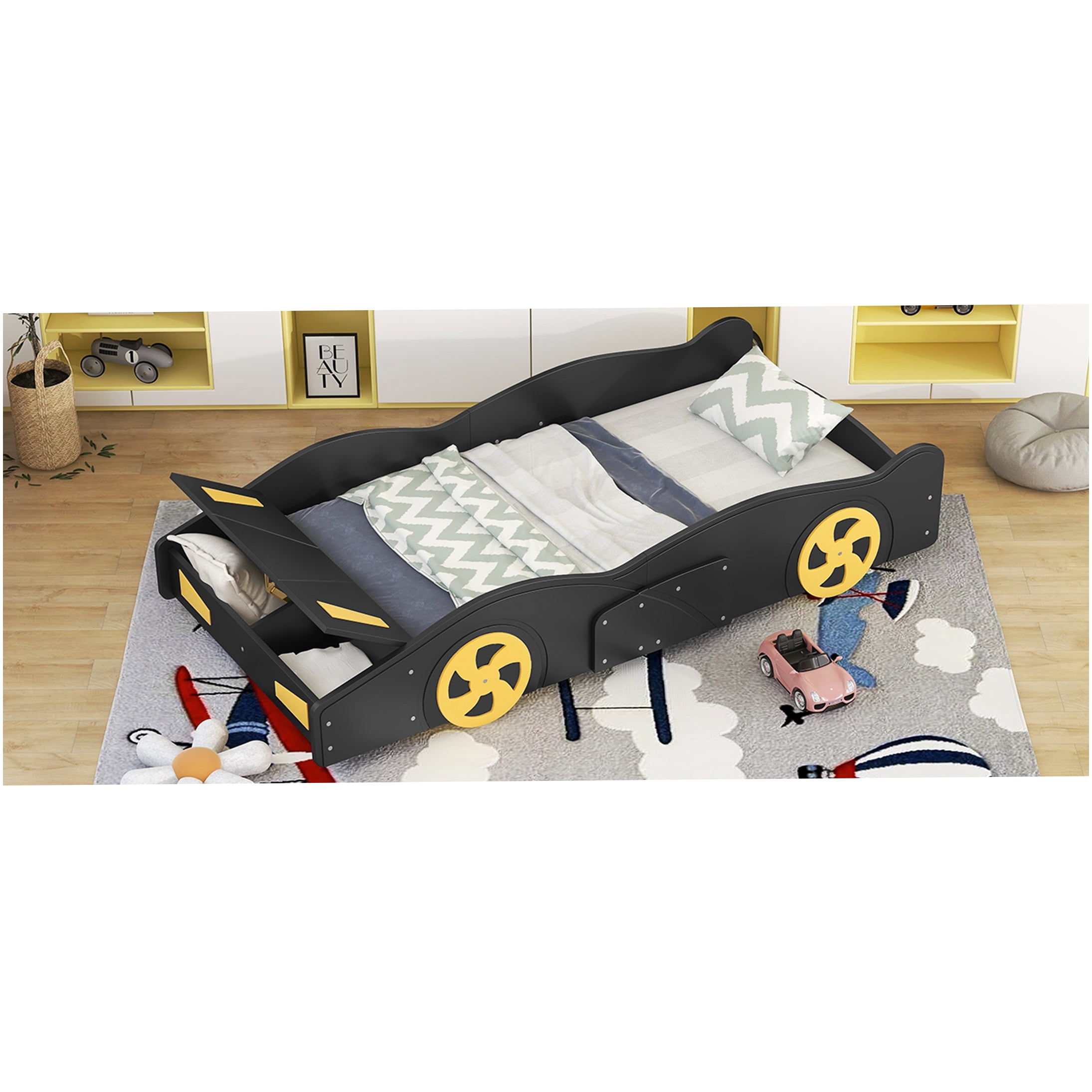 Twin Size Race Car Bed Frame with Storage & Wheels, Black & Yellow Modern Platform Bed