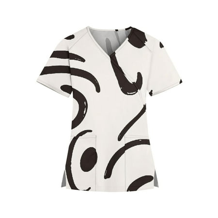 

Yubatuo Independence Day Women Plus Size Scrubs Top with Pockets V-Neck Short Sleeve Printed Work Blouse for Women White L