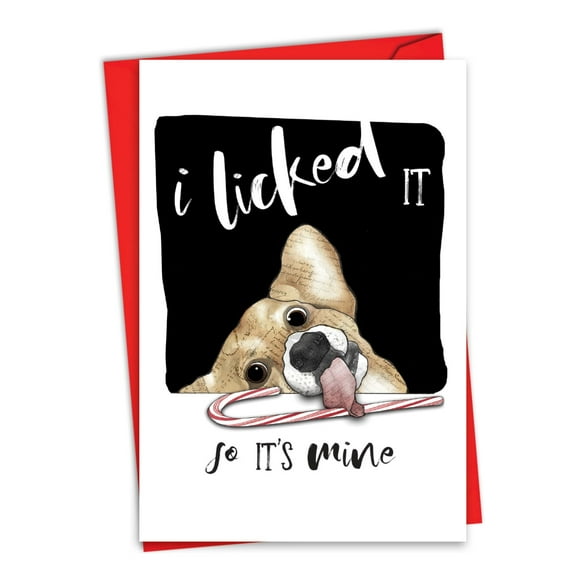 NobleWorks Funny Christmas Thank You Paper Card with 5 x 7 Inch Envelope (1 Card) Holiday Dog Antics - Licked It C2918EXTG