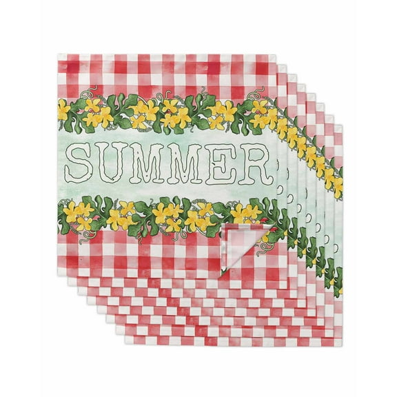 nqOlkjepod Summer Flowers Cloth Napkins Set of 8 Reusable Dinner Napkins, Leaves Red Plaid Country Retro Farm Cocktail Napkin Washable Table Napkins for Wedding/Holiday Party/Baby Shower 20"x20"
