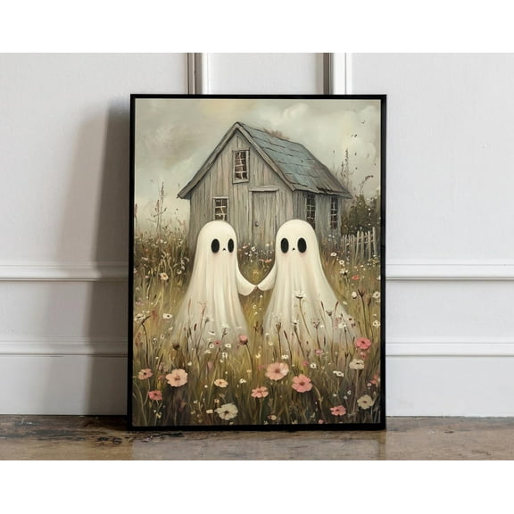 Two Ghosts In a Field print, Vintage Art Poster, Haunting Ghost, Halloween Decor, Halloween Poster, Spooky Vintage print, Cottagecore Art, 8x12 UNFRAMED