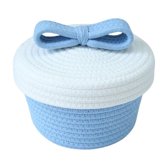 LOWLHOME Cute Storage Baskets with Lids, Small Round Woven Rope Basket with Lid, Small Toy Box for Kids or Cat, Cute Basket for Gift, Decorative Basket with Chic Bow Handle, Light Blue