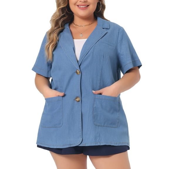 Agnes Orinda Plus Size Denim Shirt for Women Front Lapel Short Sleeve Button Down Chambray Shirts