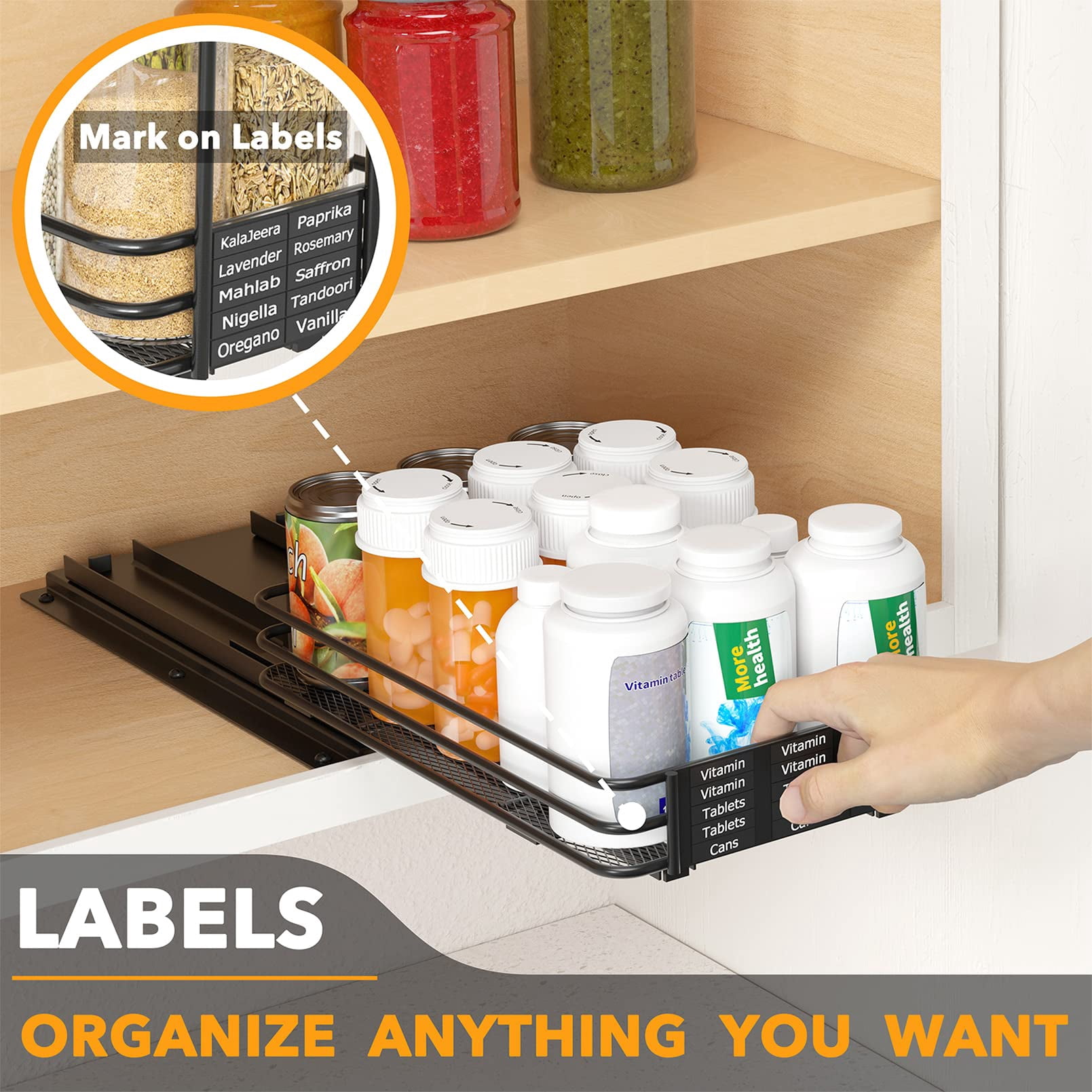 Pull Out Spice Rack Organizer For Cabinet  Heavy Duty Slide Seasoning Kitchen With Labels And Chalk Marker 6.5" W X10.75 D X2.5 H 1 Drawer 1-tier