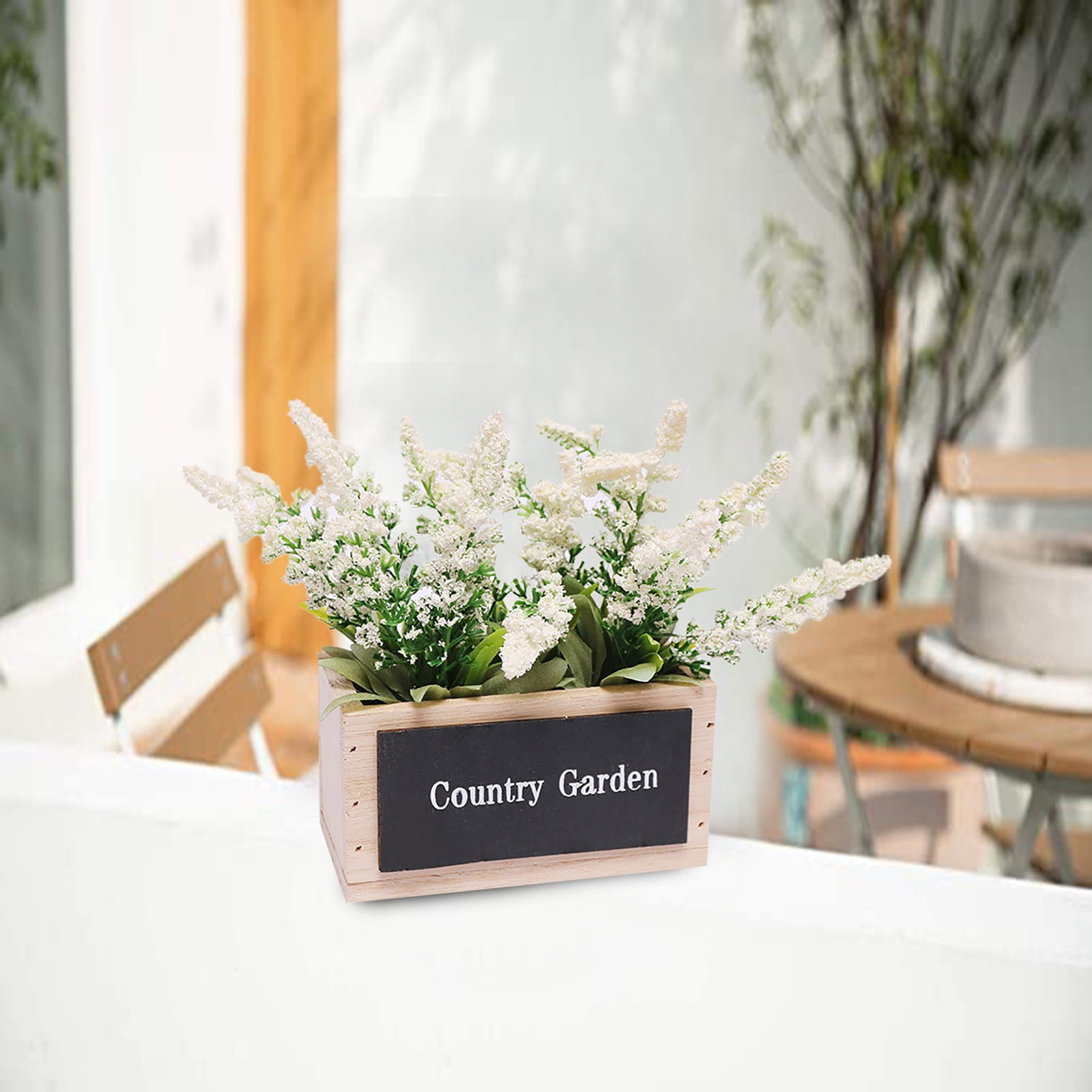 Uutvmp Artificial Lavender Flower in Wooden Box, Fake Floral Bouquet, Potted Artificial Flowers Plant in Wooden Vase for Indoor Outdoor Home Decoration
