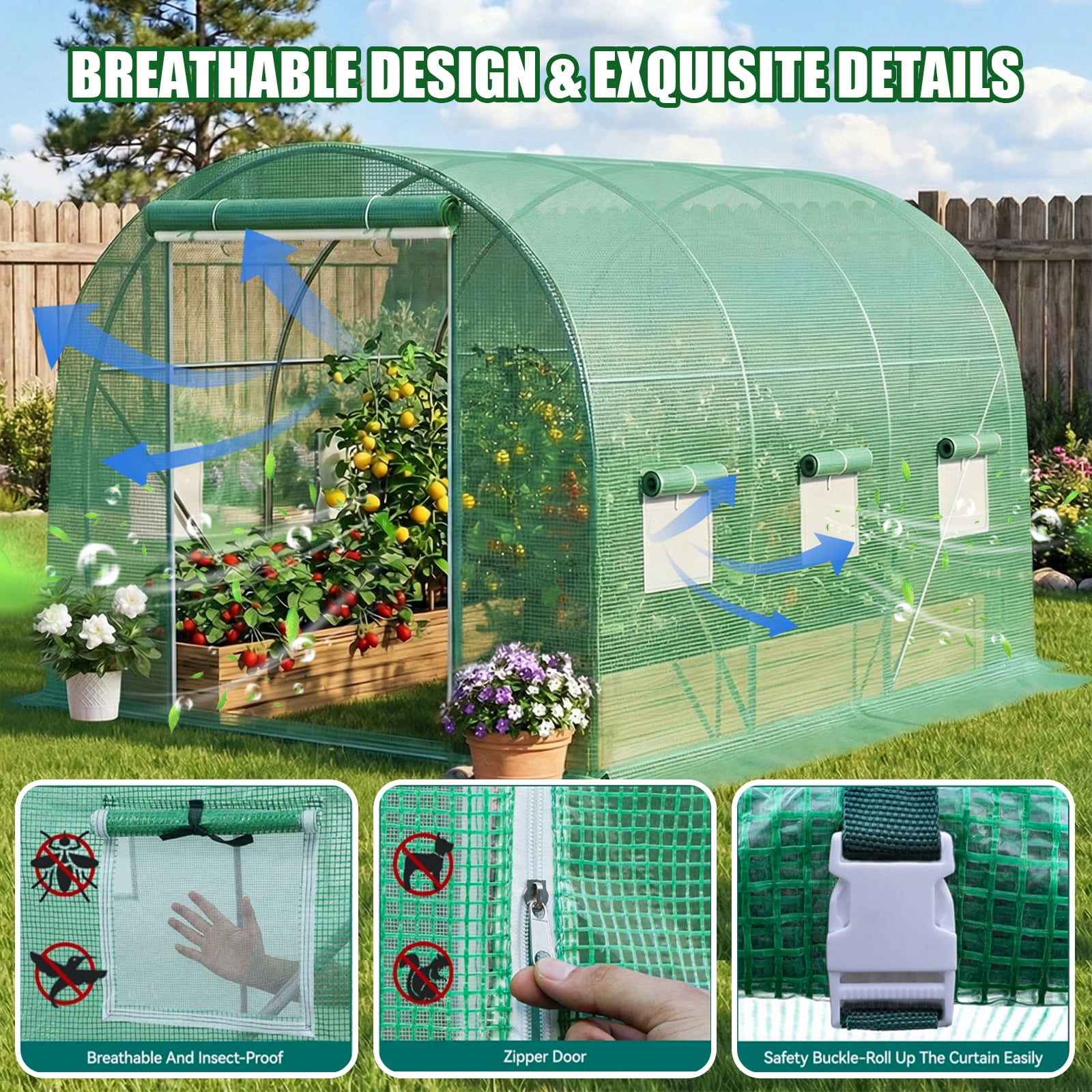 TANGJEAMER Greenhouse , Large Walk-in Greenhouse Reinforced Metal Frame, 6 Screen Windows and 1 Door, 10x7x7FT