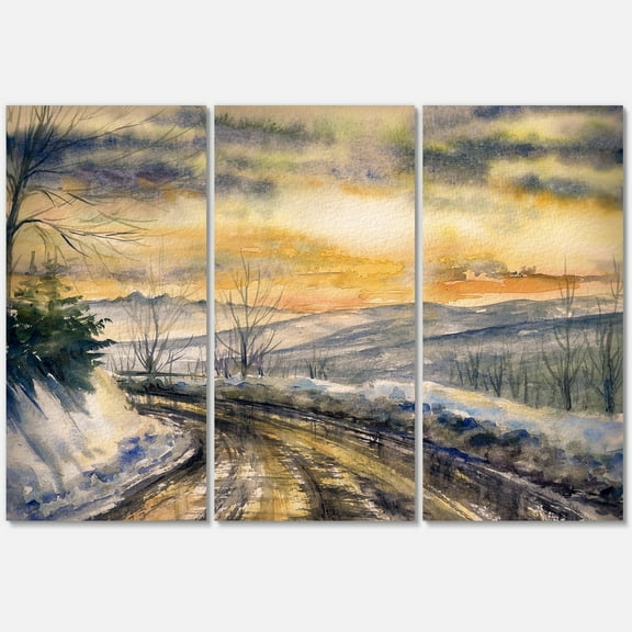 Designart ' Road Under Bright Sunset With Winter Landscape ' Traditional Canvas Wall Art Print