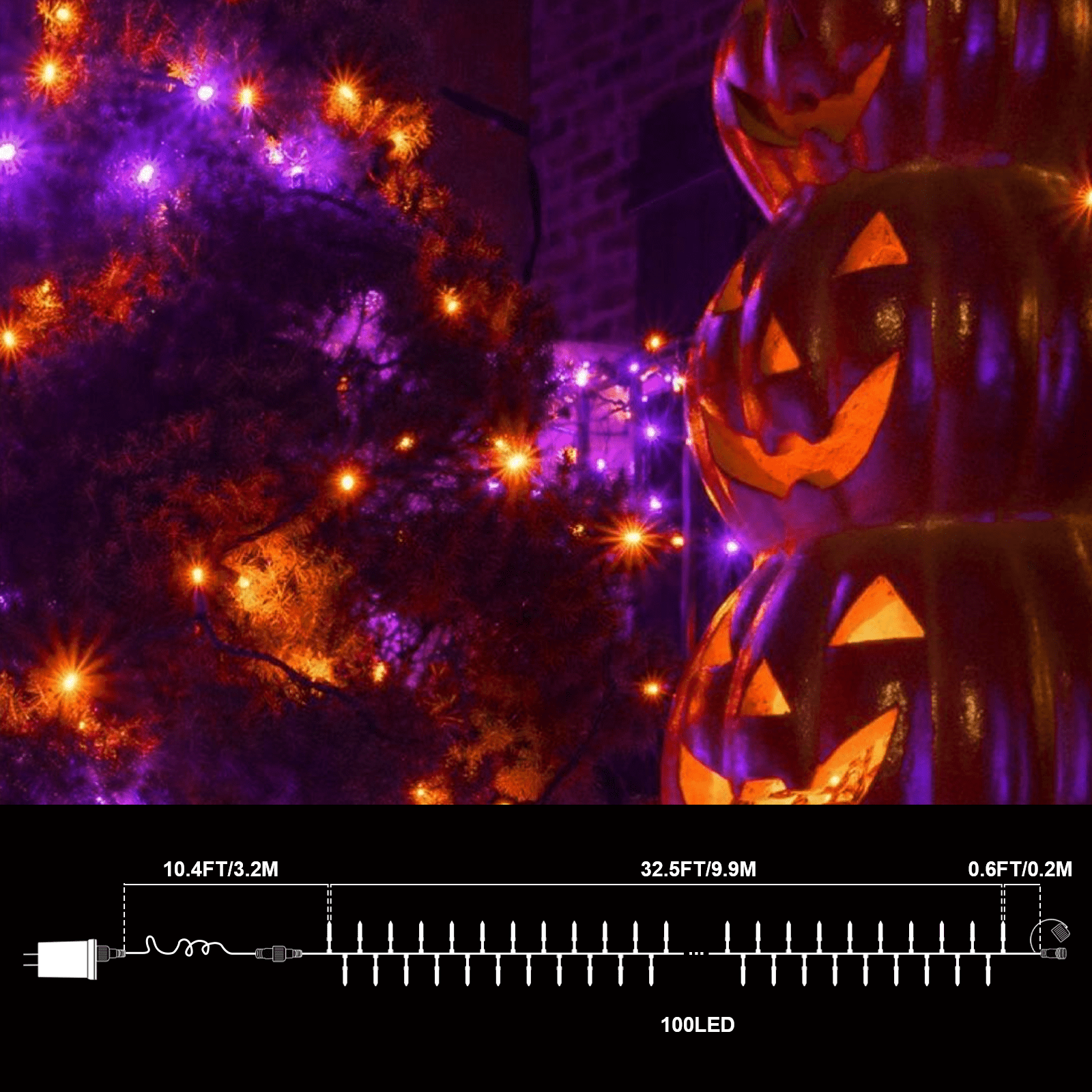 2 Pack Orange Purple Halloween String Lights Outdoor, 32.5FT 100 LED Waterproof Christmas Lights with 16 Lighting Modes for Halloween Garden Party Christmas Xmas Tree Lights Decor