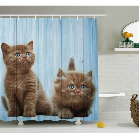 Animal Shower Curtain, Baby Kitten Siblings Lovely Animals Creatures Best Friend Pattern Art Print, Fabric Bathroom Set with Hooks, Caramel Sky Blue, by