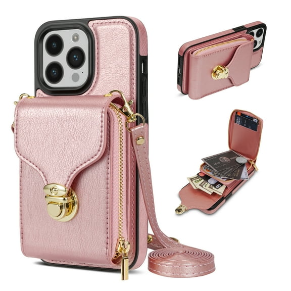 iPhone 15 Pro Luxury Leather Case with Card Holder for Women Phone Case Wallet with Strap Credit Card Slots Crossbody Strap with Kickstand Zipper Shockproof Case For iPhone 15 Pro,Rosegold