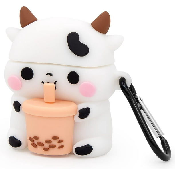 Boba Tea Cow - Funda divertida con diseño de animales de dibujos animados en 3D, PVC suave, protección completa, cubierta de carga a prueba de golpes con mosquetón para Airpods de 1ª generación, 2ª g
