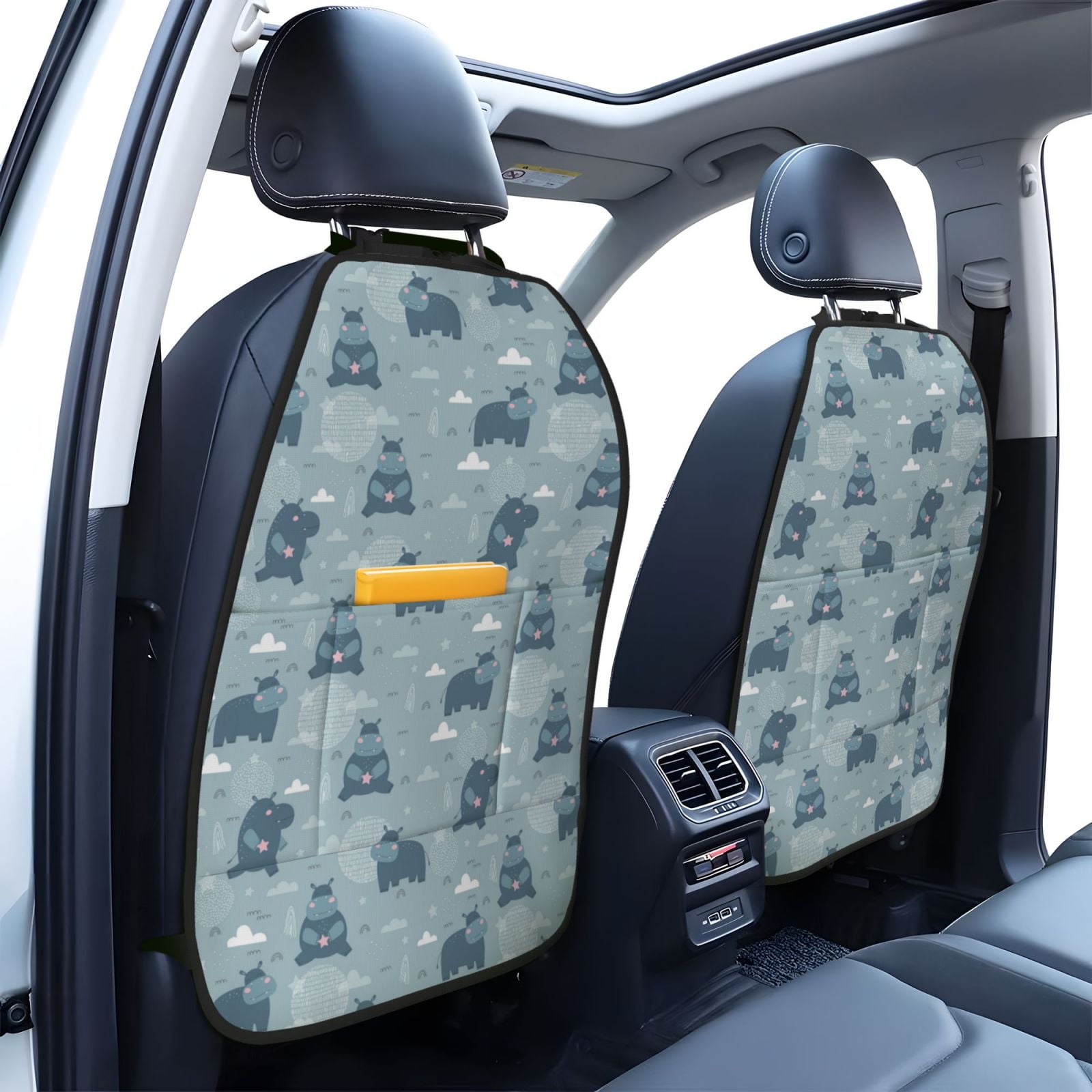 Kdxio Cute Hippopotamus Print 2 Pack Car Kick Mat Seat Cover Back Protector Mat with Pockets for Organizer Backseat Protector and Storage Anti Kick Pad for Vehicles