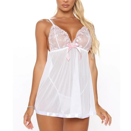 TMOYZQ Women Lace Lingerie Babydoll Nightgown Mesh Chemise Boudoir Nighty Teddy Lingerie Bridal Nightdress with G-string Thong Sexy Lingerie for Women Role Playing