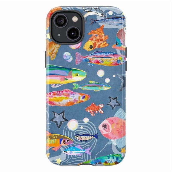 Colorful Abstract Fish Pattern Phone Case, Artistic Ocean Blue Marine Life Cover for iPhone 17 16 15 14 13 12 11 Pro Plus Mini