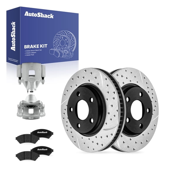 AutoShack Front Brake Rotors, Ceramic Pads & Calipers for Buick, LaCrosse 2005-2009, FWD V6 3.6L 3.8L - E-Coated Drilled & Slotted - ShadowGuard - 11.69" (297 mm), 5-Lug