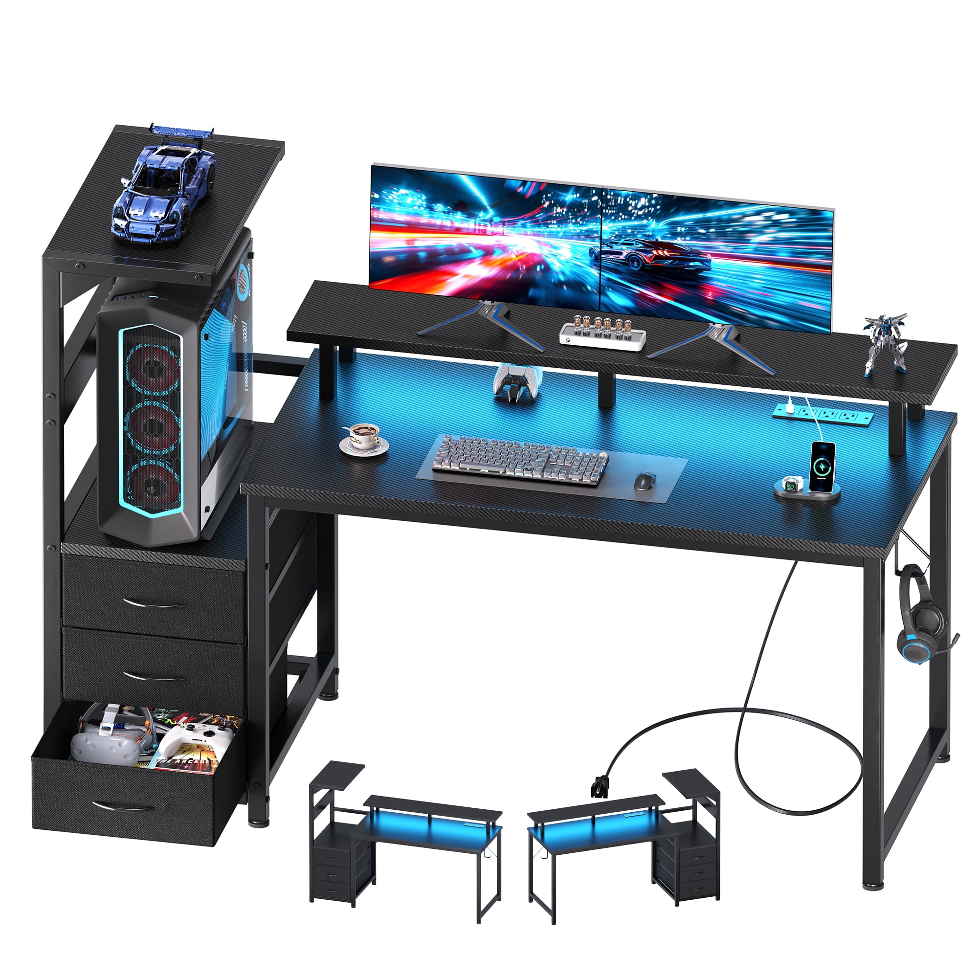 CONCETTTA Gaming Desk, 52 Inches, With Shelf Storage Drawers, Black Computer Desk With Led Lights And Power Sockets, Office Wooden Desk With Pc Stand And Cable Management