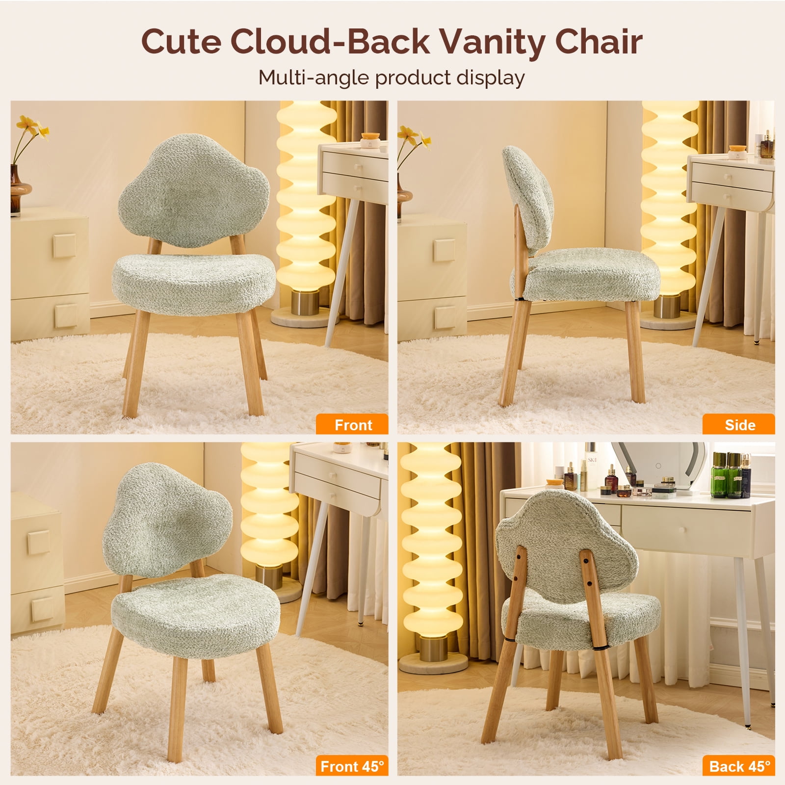 Ktaxon Blended Chenille Armless Vanity Chair Cloud Backrest Desk Chair, Rubber Wood Makeup Chair for Bedroom Living Room Office Reading Room Green
