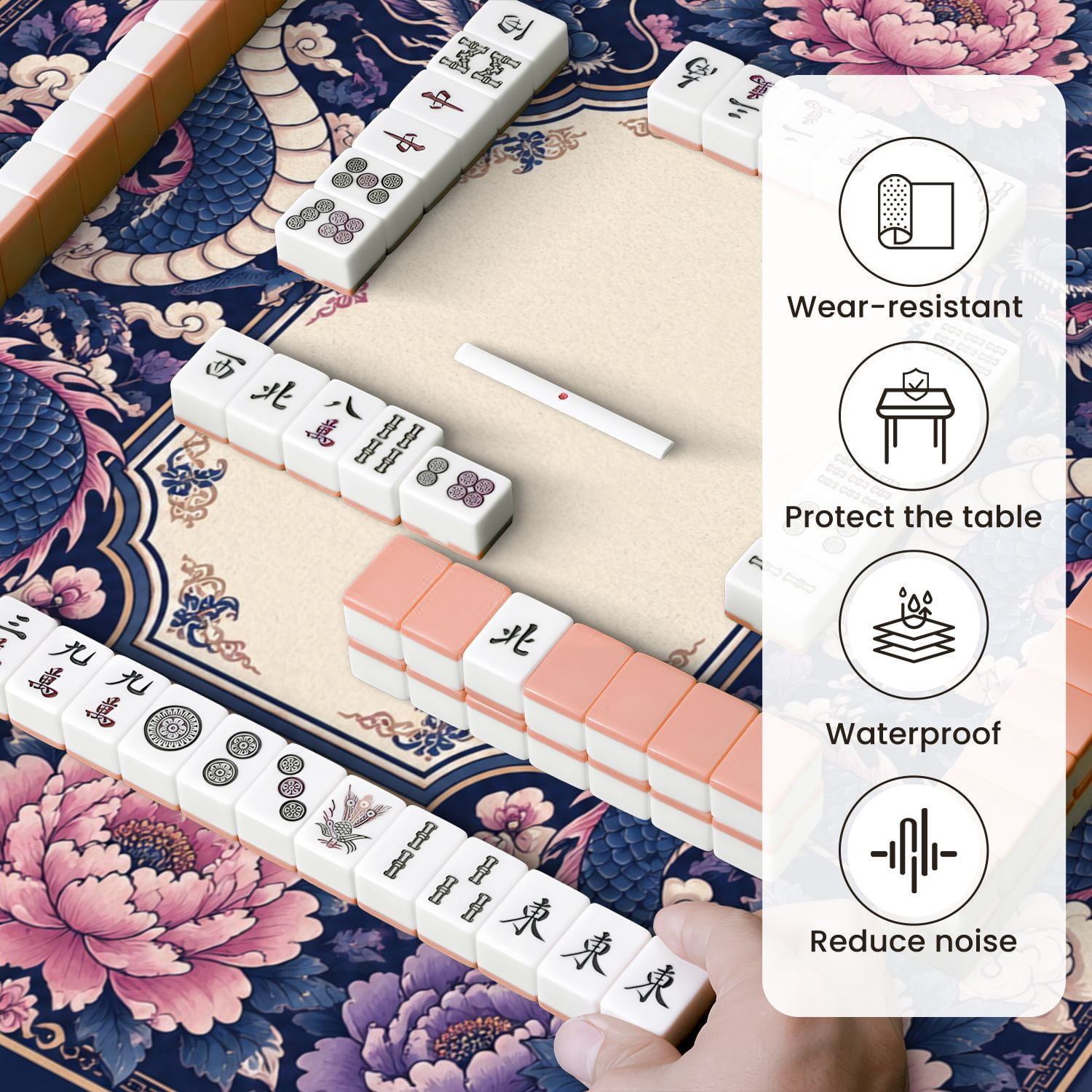 Mahjong Mat 31.5" x 31.5" Oriental Blue Dragons Pink Peonies Decorative Non-Slip Noise Reduction Mahjong Tiles Table Cover for Dominoes Poker Card Board and Tile Games