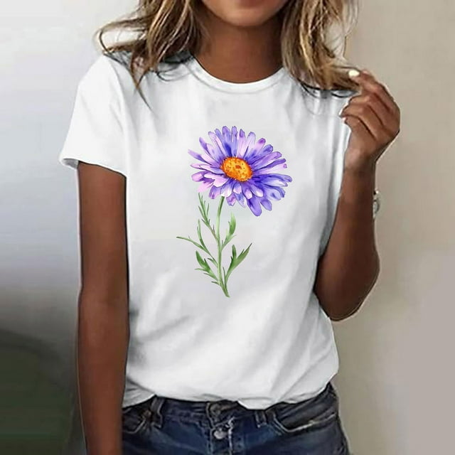 QETYUW T-Shirts Graphiques pour Femmes Manches Courtes Col Rond T-Shirts Imprimés Floraux Hauts Décontractés Grande Taille T-Shirt de Vacances d'Été