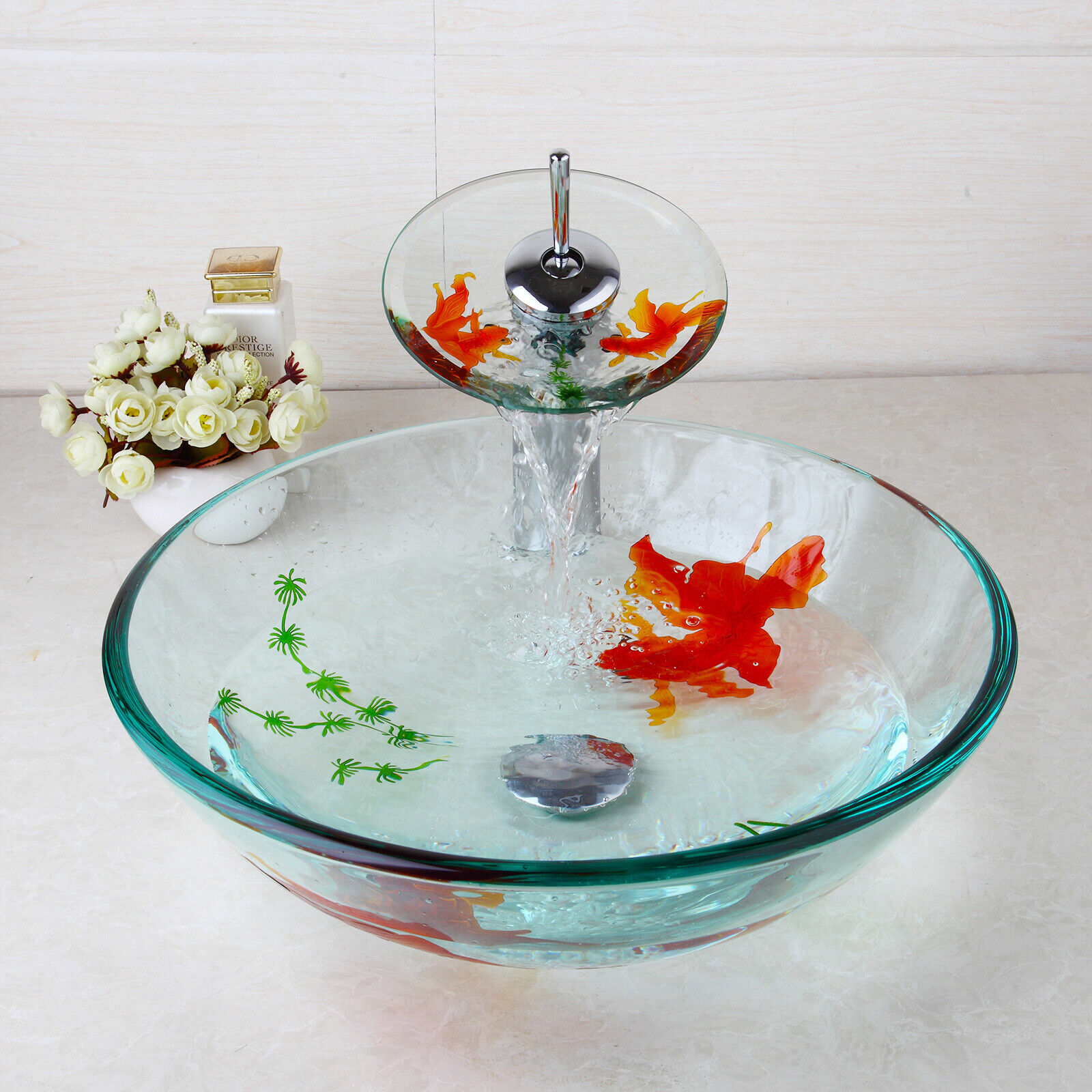 Bathroom Sink Bowl Vessel Basin Goldfish Glass Chrome Waterfall Faucet
